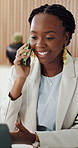 Laptop, black woman and phone call for business in office, financial feedback or budget discussion. Tech, workplace and advisor talking to contact for wealth management, investment advice or smile