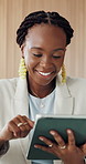 Smile, business and black woman with tablet in office for research, email client and real estate. Happy, female person and tech to review schedule, price property and online inquiry of resale listing