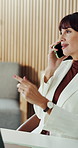 Phone call, talking and business woman in office for negotiation, investment deal and contact. Corporate, discussion and person on smartphone for financial proposal, partnership and budget agreement
