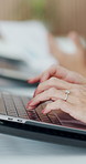 Laptop, hands and business woman typing in office for copywriting, newsletter and story research. Computer, content writer and person with keyboard at work for ad campaign, blog and coworking
