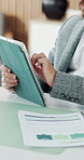 Businessman, hands and scroll in office with tablet, financial proposal and research for audit plan. Person, typing and browsing in workplace with tech, finance report and email for risk management.