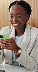 Phone, smile and black woman in office with texting, networking or communication on mobile app. Happy, technology and African female person with cellphone for chatting, social media or research.