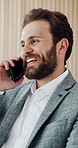 Phone call, happy and business man in office for negotiation, investment deal and conversation. Corporate, talking and person on smartphone for financial proposal, partnership and budget agreement