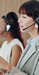 Call center, headset or woman in workplace, conversation or communication for system solution. Mature person, help desk or agent in office, consultation or feedback for customer support or contact us