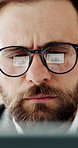Glasses, graph and business man on computer for financial review, profit growth and investment. Corporate, reflection and person on tech with statistics, chart or finance research for risk assessment