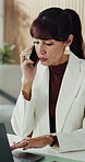 Phone call, laptop and business woman in office for negotiation, investment deal and conversation. Corporate, talking and person on smartphone for financial proposal, partnership and budget agreement