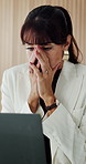 Laptop, stress or business woman at work for reading bad news, financial crisis or job loss. Computer, unhappy or mature person in office for debt, unemployment email or worry for investment fraud