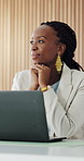 Thinking, professional and black woman in office for ideas, brainstorming or reflection on finance project. Planning, problem solving and African financial manager with solution, decision or choice.