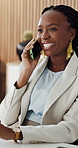 Woman, smile and chat in office with phone call, journalist interview and story verification for article. Happy, black person and feedback in workplace with tech, contact news source or conversation.