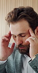 Headache, tired or business man in office with stress, eye strain and brain fog with glasses. Migraine, burnout or person in workplace with visual fatigue, tension or deadline pressure with challenge