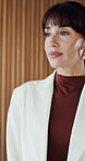 Business, thinking or woman in office with idea, perspective or insight for funding pitch. Reflection, wonder or mature finance consultant with brainstorming, solution or proposal plan for investment