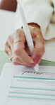 Hand, signature and woman in office, documents for compliance or recruitment process. Person, candidate or business contract for job agreement, writing or legal paperwork for company policy or hiring