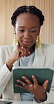Business, black woman and reading with tablet in office for research, email client and real estate. Thinking, person or digital to review schedule, price property and online inquiry of resale listing