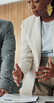 Business, people and talk with document in office for planning, training and financial report. Team, coaching and laptop with paperwork, review budget and finance information for investment proposal