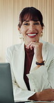 Face, woman and happy in office with laptop, digital marketing startup or pride for career development. Mature, female person and smile in workplace with computer, online advertising job or about us.