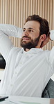 Smile, business and man stretching in office for real estate, vision and property plan. Thinking, male person or relax with reflection, listing solution and resale opportunity with auction completion
