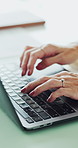 Hands, business and woman with laptop in office for research, email client and real estate. Realtor, typing and tech for viewing schedule, property price and online information of auction negotiation
