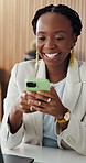 Phone, happy and black woman in office with texting, networking or communication on mobile app. Smile, technology and African female person with cellphone for chatting, social media or research.