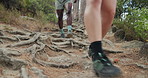 Fitness, legs and running with people in forest together for adventure, cardio or sports hobby. Exercise, ground and training with runner couple outdoor in nature for bonding, journey or wellness