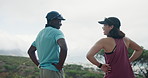 Fitness, nature or couple laugh at sports joke, smile or interracial people on workout break. Training, man and funny woman outdoor for exercise, wellness or rest together for health with back view