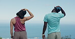 Back, hiking and stretching with couple outdoor together for fitness, hobby or preparation. Exercise, getting ready and warm up with people in nature for adventure hike, eco tourism or training