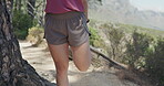 Fitness, preparation or legs on mountain trail with stretch, mobility or injury prevention in physical activity. Sport, balance or woman with start, thigh exercise or muscle improvement in warm up.