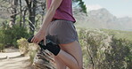 Fitness, preparation or legs on trail with stretching, mobility or injury prevention in physical activity. Sport, balance or woman outdoor with start, thigh exercise or muscle improvement in warm up.