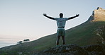 Black man, fitness and conquer with mountain for hiking achievement, success or outdoor journey. Back view, male person or hiker with opens arms for done, trekking or accomplishment on cliff or space