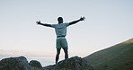 Back, celebration and black man with view, fitness for challenge and milestone for goals, ocean and pride. Nature, seaside or person with workout or arms up for training, excited and achievement