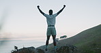 Back, excited or black man with ocean view, fitness for challenge or celebration for exercise goal. Nature, hiker or person with happiness, workout or arms up for training, seaside or target in Kenya