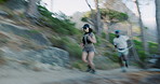 Fitness, motion blur and running with couple outdoor in nature for adventure, bonding or cardio. Exercise, speed and wellness with interracial runner people in mountains for action or challenge