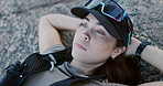 Fitness, breathing or woman thinking on outdoor break, relax or hiking adventure for exercise reflection. Fresh air, hiker or calm person with rest for trekking workout, peace or nature perspective