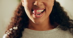 Lick, mouth and teeth of woman in bathroom for dental hygiene pride, results or satisfaction. Dentistry, oral care and tongue out with person in home for cleaning benefits or wellness routine