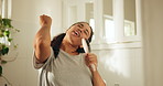 Brush, singing and woman in bathroom at house for music, fun or self care routine in morning. Dancing, grooming and female person with cosmetic tool as mic for karaoke in apartment with hygiene.