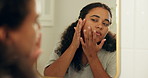 Mirror, skincare and woman in bathroom, morning routine and squeeze for acne, wellness and dermatology. Reflection, facial and person in home, healthy skin and cosmetics for shine, flaws and glow
