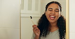 Brushing teeth, mirror and woman in bathroom, oral hygiene and morning routine for self care. Dental health, reflection or person in home, toothpaste or cleaning mouth for wellness or remove bacteria