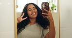 Mirror, peace sign and selfie with woman in bathroom of home for social media post or update. App, hand gesture and reflection with happy person in apartment for profile picture or satisfaction