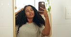 Hair, mirror and selfie with woman in bathroom of home for social media app, post or update. Haircare, photograph and reflection with happy person in apartment for profile picture or satisfaction
