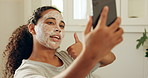 Face mask, phone and thumbs up with woman in bathroom of home for cleansing or self care. Facial, skincare and tutorial with influencer in apartment to apply antiaging product for wellness routine
