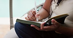Writing, journal and hands of woman outdoor with agenda, feelings or emotions in notebook. Mental health, relax and female person with diary with to do list, personal growth or self care at home.
