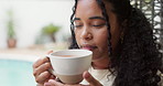 Coffee, smell and woman in backyard, thinking and start day with espresso, calm and breathing. Outdoor, aroma and person with herbal tea, reflection for memory and nostalgia with morning routine
