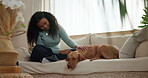 Happy, woman and stroke sleeping dog on sofa for bonding together, pet adoption and connection. Relax, fur mom and affection to tired animal in home for domestic companion, foster care and protection