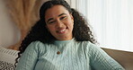 Face, relax and smile of woman on sofa in home living room for me time chilling or weekend unwind. Break, comfortable and satisfaction with happy person in lounge of apartment for peace or wellness