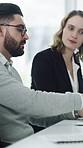 Office, laptop and business people in meeting for finance proposal, investment decision and planning. Corporate, boardroom and workers on computer for research, audit review and financial report