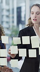 Sticky note, wall and presentation with business people in office for teamwork, budget review and audit. Planning, investor report and workshop with employees for revenue, writing and research