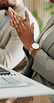 Applause, hands or people in boardroom for meeting, venture success or celebration for positive outcome. Profit, capital revenue or stakeholders clapping for investment win, achievement or growth