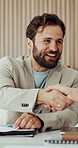 Paperwork, man and handshake in office for writer, news reporting and project update. Publishing agency, journalist and proposal for creative article, shaking hands and internship in newsroom