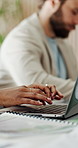 Research, hands or typing with laptop in office, planning project budget or writing financial report, Coworking, editing proposal or person with pc for business venture, contract draft or investment