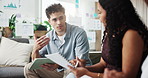 Creative people, meeting and discussion with tablet for project ideas, collaboration or strategy. Group, employees or colleagues talking with documents or technology for proposal or brainstorming