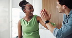 Speaking, high five or manager with employee in office, recognition or well done for campaign success. Feedback, achievement or marketing team with celebration for project completion, smile or laugh